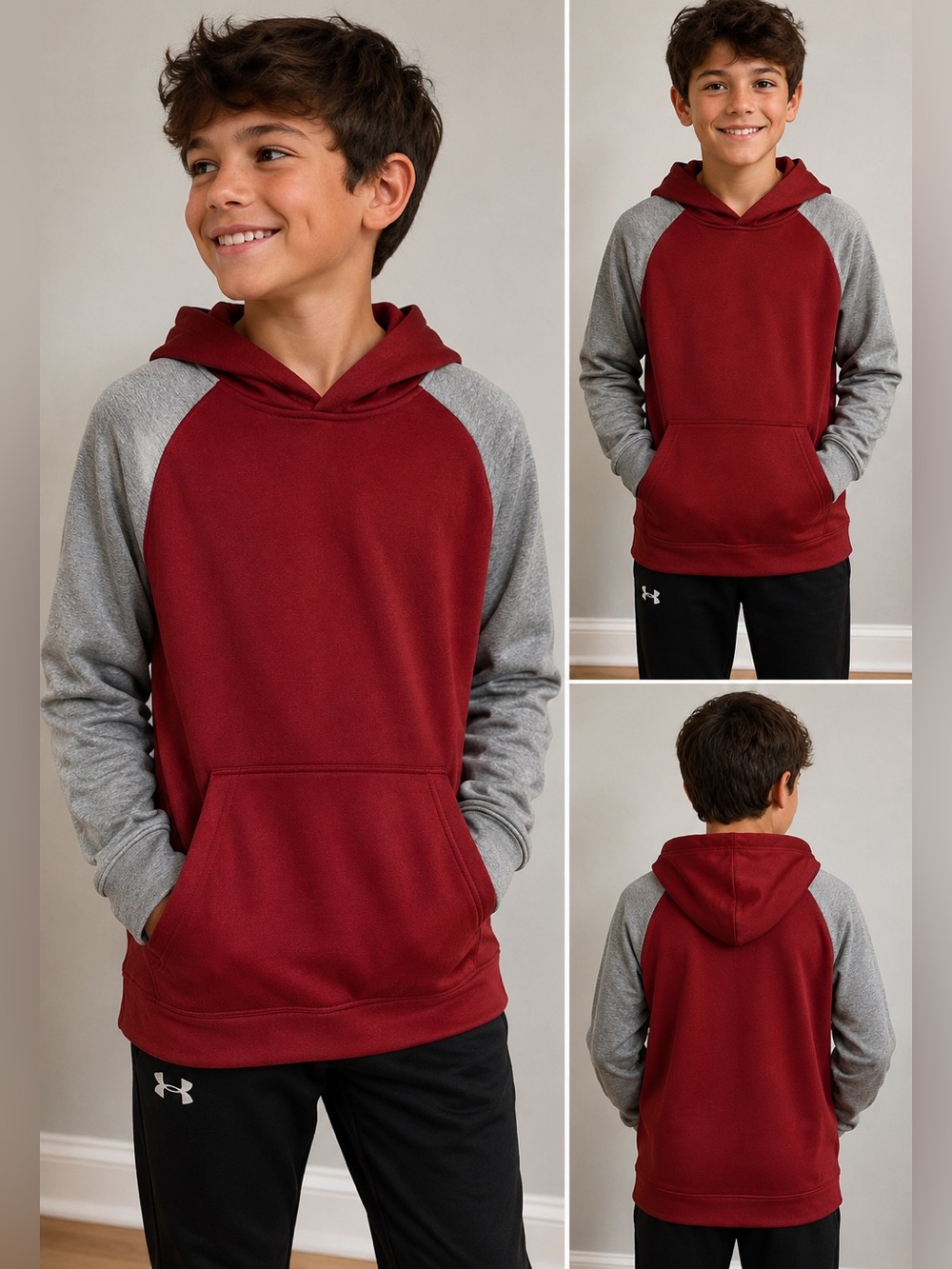 NWT Kids Maroon Hooded Pullover with Gray Raglan Sleeves